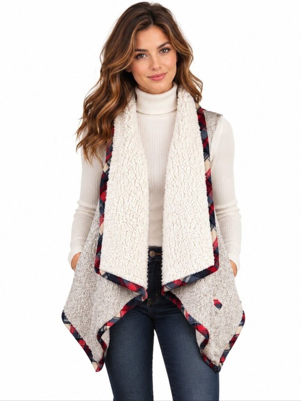 See and Be Seen Sherpa Fleece Vest M/L Plaid Trim Cozy Open Front Layering